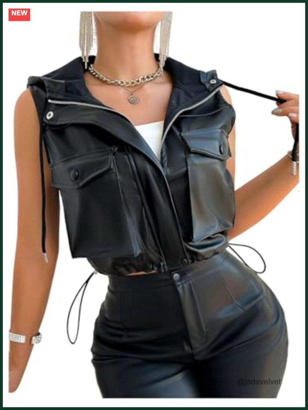 PU Leather Zip Up Cropped Vest Sleeveless Hooded Jacket with Pockets